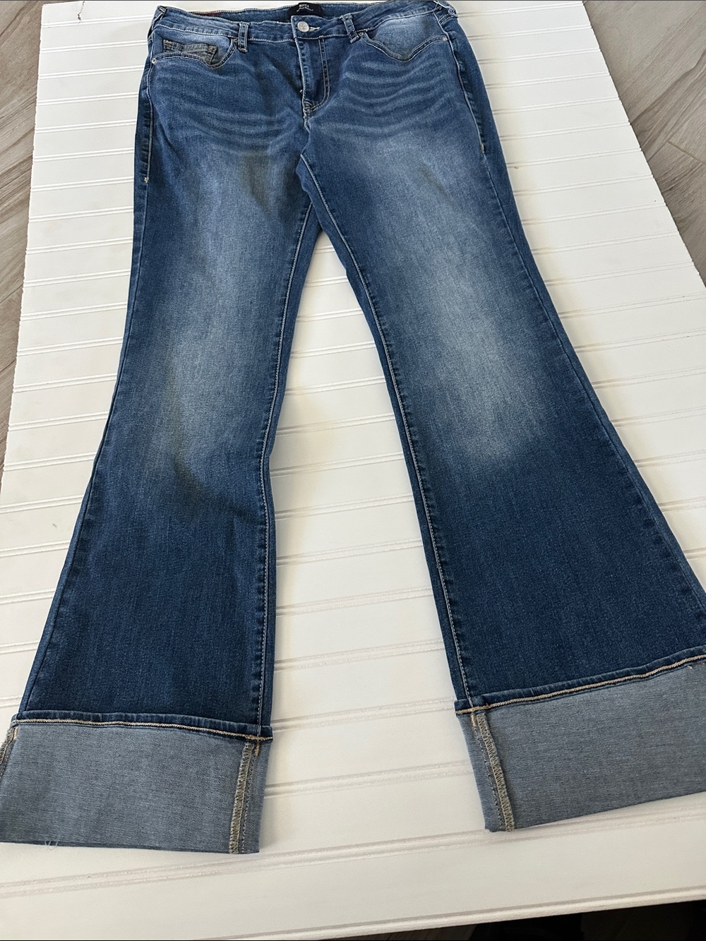 True Religion , High-Rise, Blue Flare Jeans with Cuffed Hem, Size 33